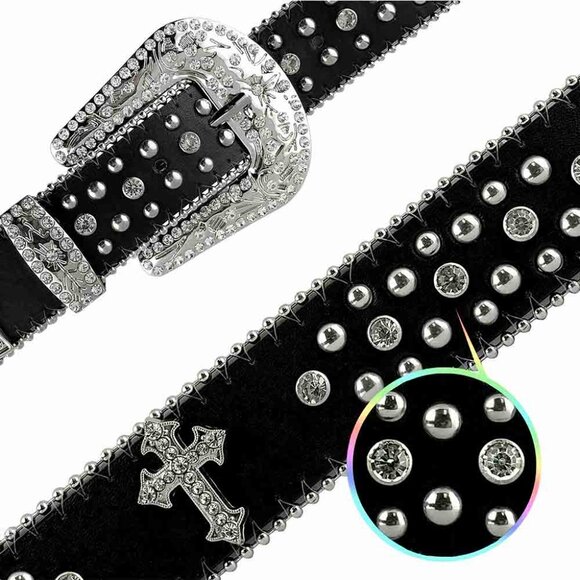 Black Cross Stones With Studs And White Stones Studded Rhinestones Belts - Picture 2 of 4